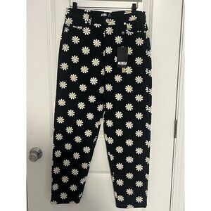 NWT Minga London Black Daisy Floral Print Denim High Waisted Denim Jeans Size 6